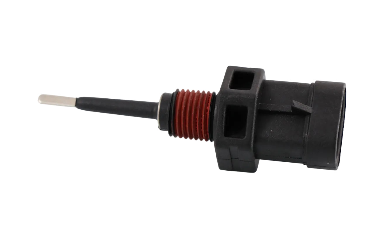 Advance Truck Parts 5022-11366-01 low coolant sender showing an angled studio view of the threaded brass/red-sealed fitting, extended probe tip, and black connector housing on a plain white background