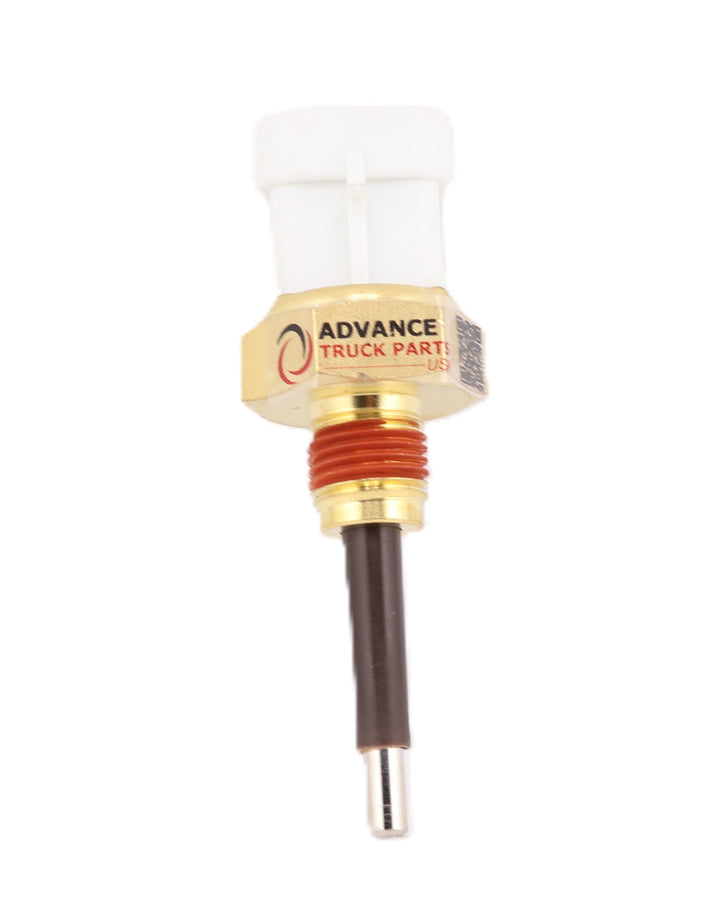 Advance Truck Parts USA 5022-11366-05 low coolant sender showing a straight-on front perspective with a white connector, brass hex body, red thread sealant, and probe on a plain background