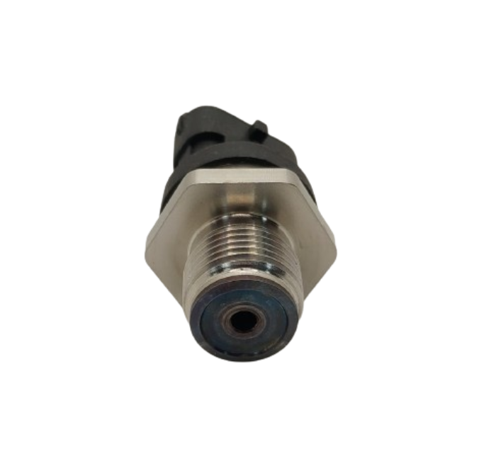 Advance Truck Parts USA 5297640 fuel rail pressure sensor for Cummins 6.7L engines showing a bottom-up perspective of the stainless steel threaded base, hex nut, and high-pressure fuel port 