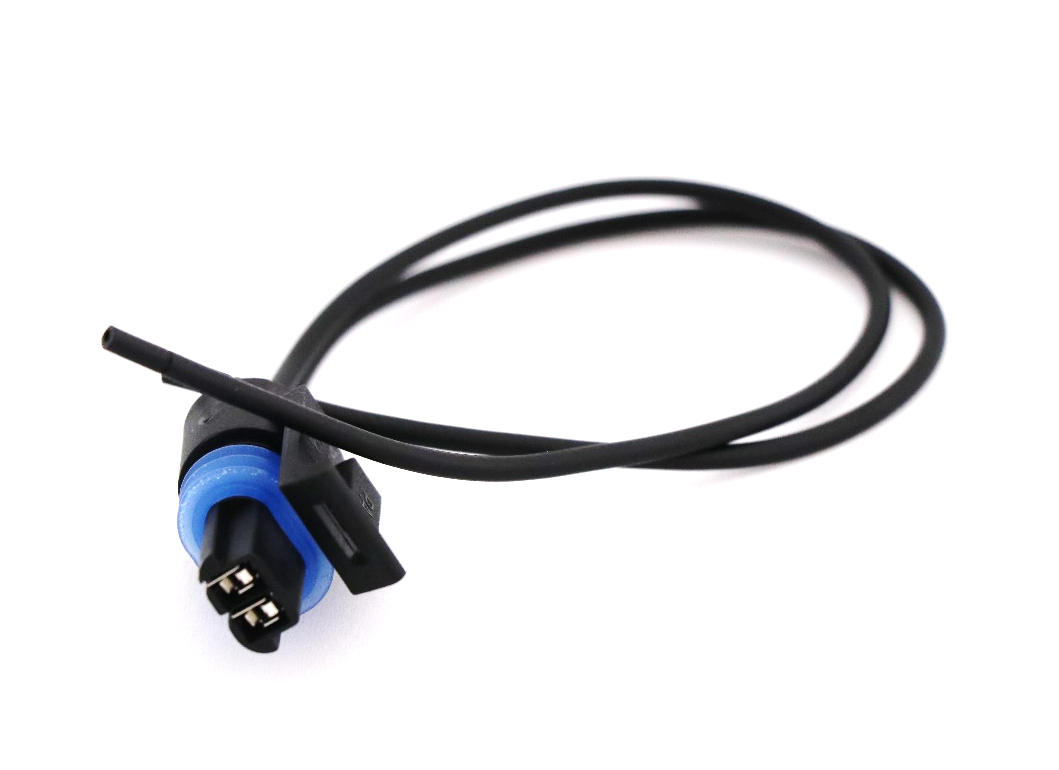 Advance Truck Parts USA 5394261 2-pin sensor pigtail connector featuring a blue weather seal and black wire leads on a plain background