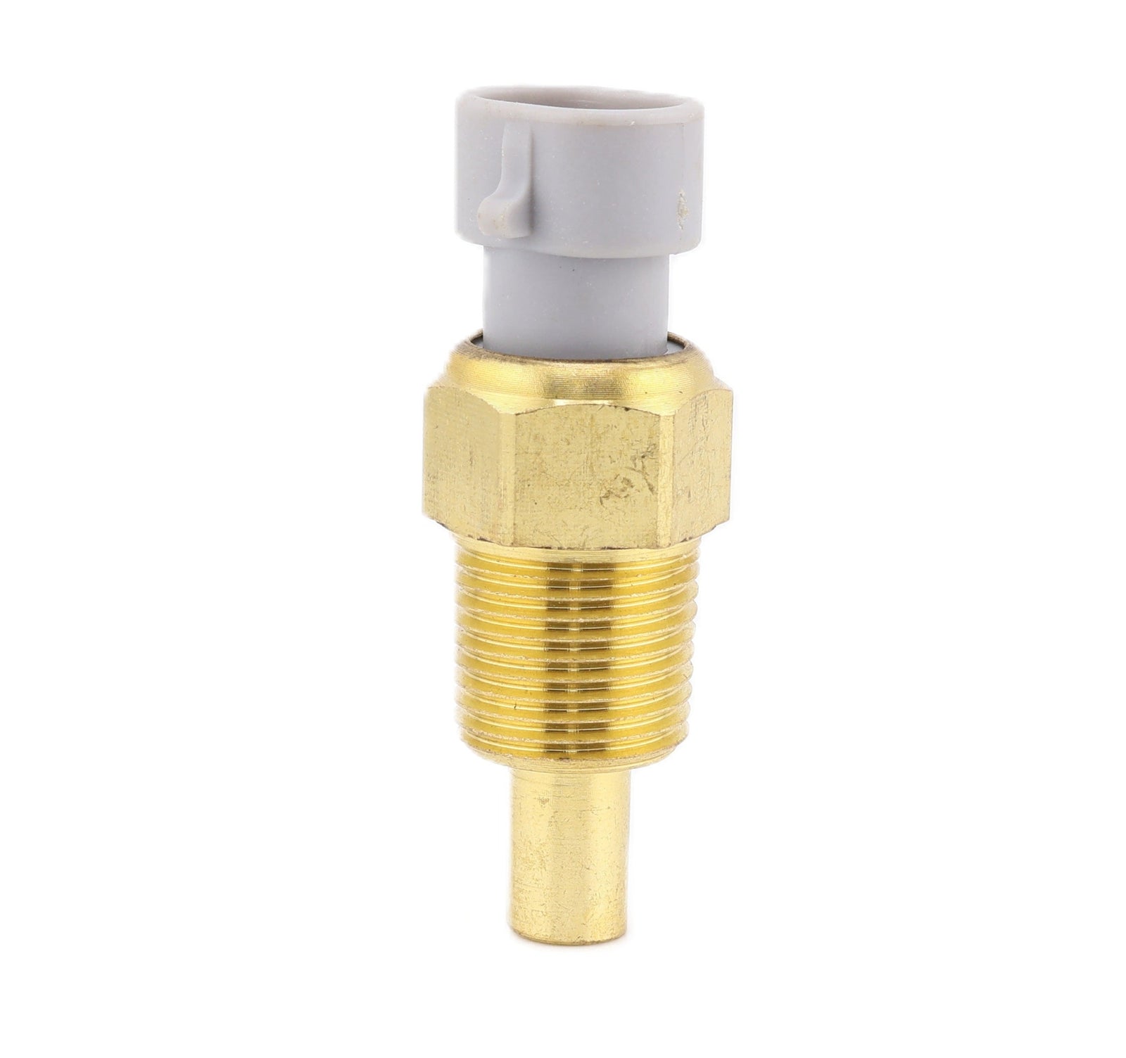 Advance Truck Parts USA 64MT2103 20705959 temperature sensor showing an upright front perspective with a grey 2-pin connector and brass threaded body on a plain background