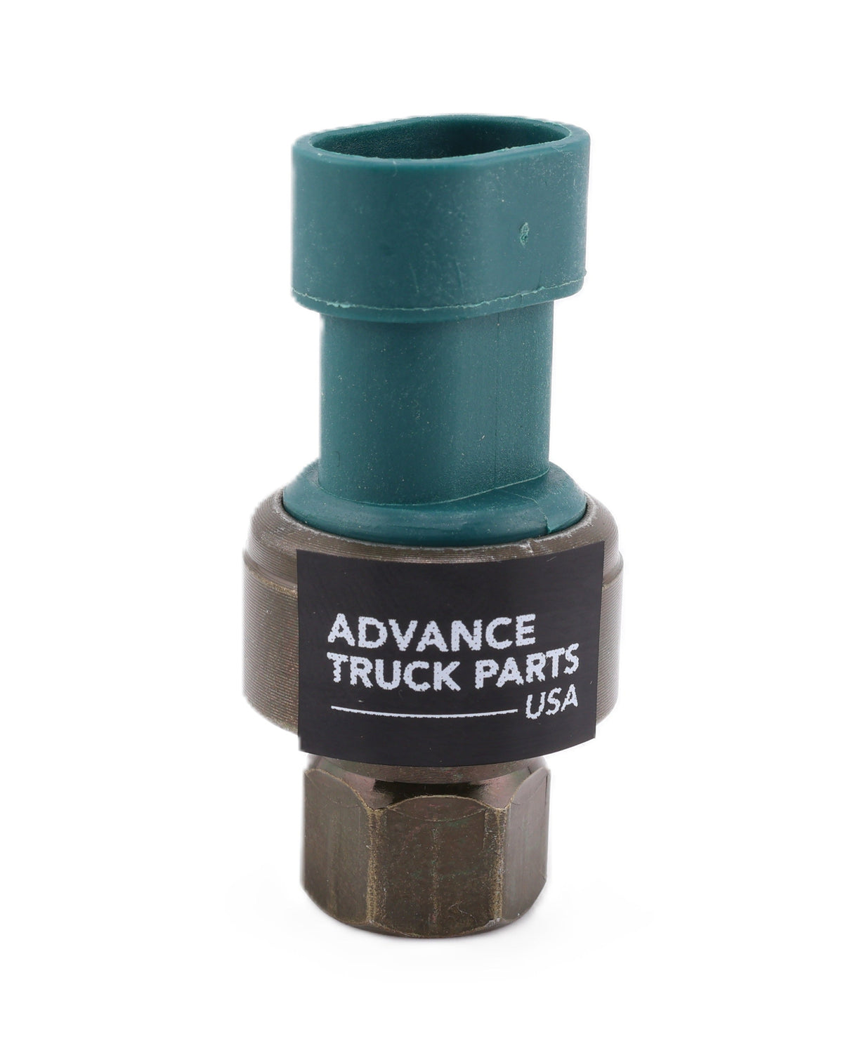 Advance Truck Parts USA 650697 2214002 normally closed high pressure A/C switch showing an upright front perspective with a green 2-pin connector and Female M10 threaded base on a plain background