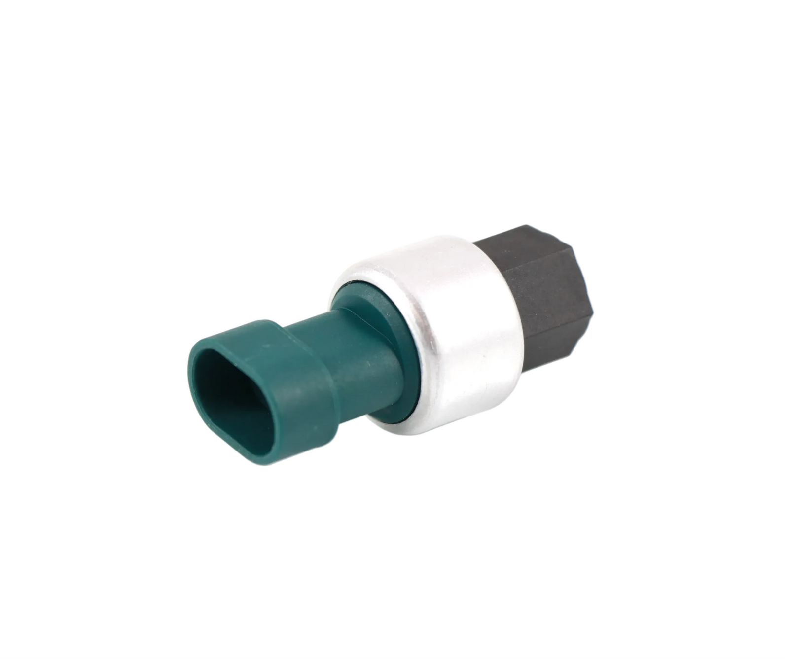 Advance Truck Parts 652578BSM low pressure A/C switch for Kenworth and Peterbilt trucks showing an angled studio view of the female M12-1.25 threaded port, aluminum body, and green electrical connector on a plain white background