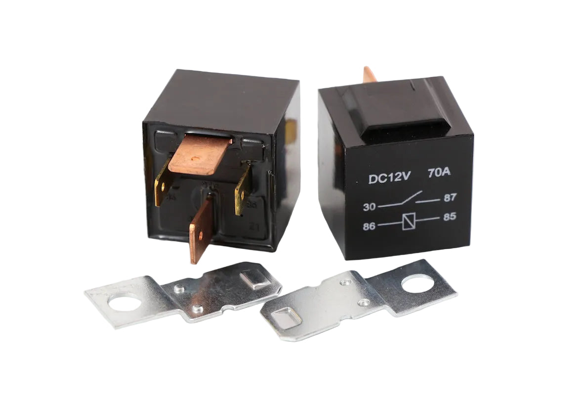 Advance Truck Parts USA 777-019 12V 70A heavy-duty waterproof 4-pin relay with mounting metal brackets on a plain background