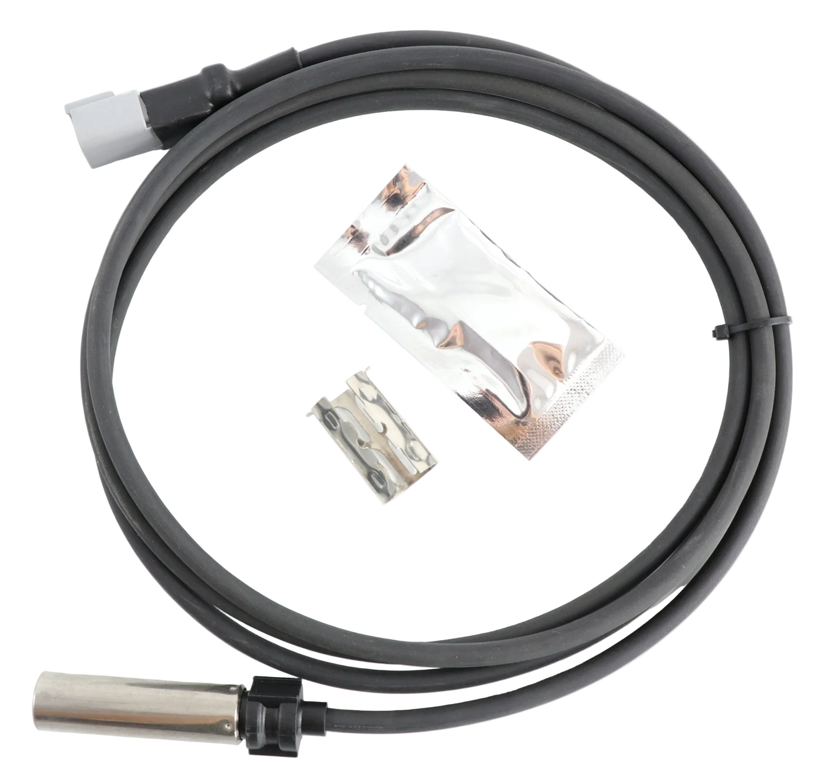 Advance Truck Parts USA 801552 straight ABS sensor kit showing a 78-inch coiled black cable with a stainless steel probe, grey connector, metal retaining clip, and a packet of dielectric grease on a plain white background