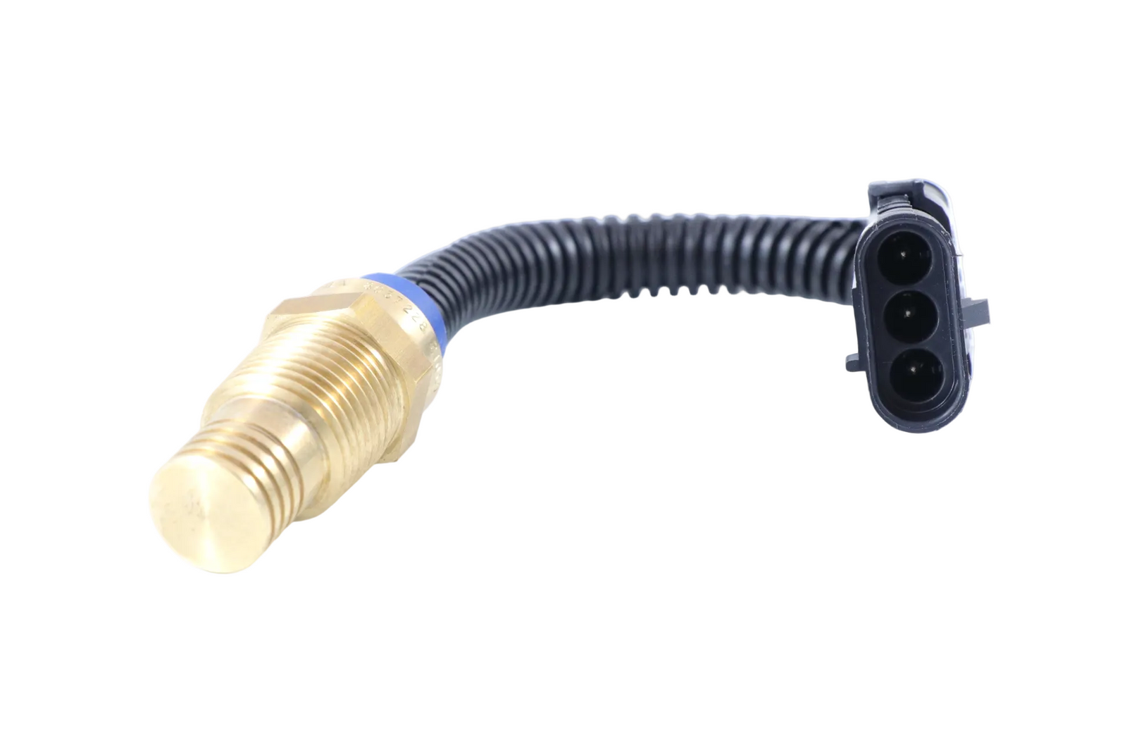Advance Truck Parts 8037228 210 degree Fahrenheit temperature control fan switch showing an angled profile of the threaded brass housing, corrugated wire loom, and Weather-Pack connector on a plain white background