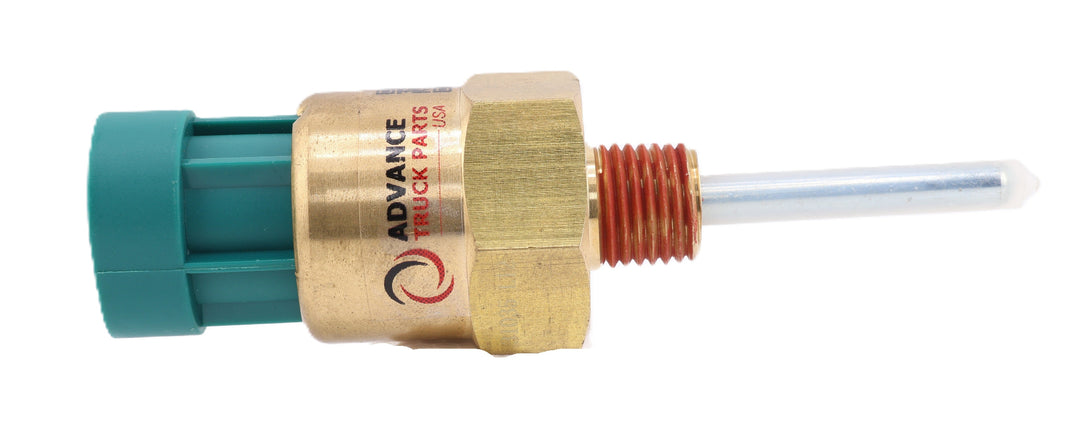 Advance Truck Parts USA 86714A1 86714A engine coolant level sensor showing a horizontal side perspective with a green 4-pin connector, brass threaded body with red sealant, and a metal probe on a plain background