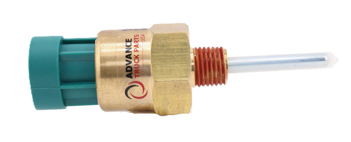 Advance Truck Parts USA 86714A1 86714A engine coolant level sensor showing a horizontal side perspective with a green 4-pin connector, brass threaded body with red sealant, and a metal probe on a plain background