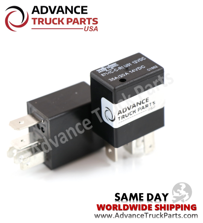 Advance Truck Parts USA 871-1C-C-R1-U01-12VDC Song Chuan style micro relay featuring 5 terminals and an integrated suppression resistor on a plain background