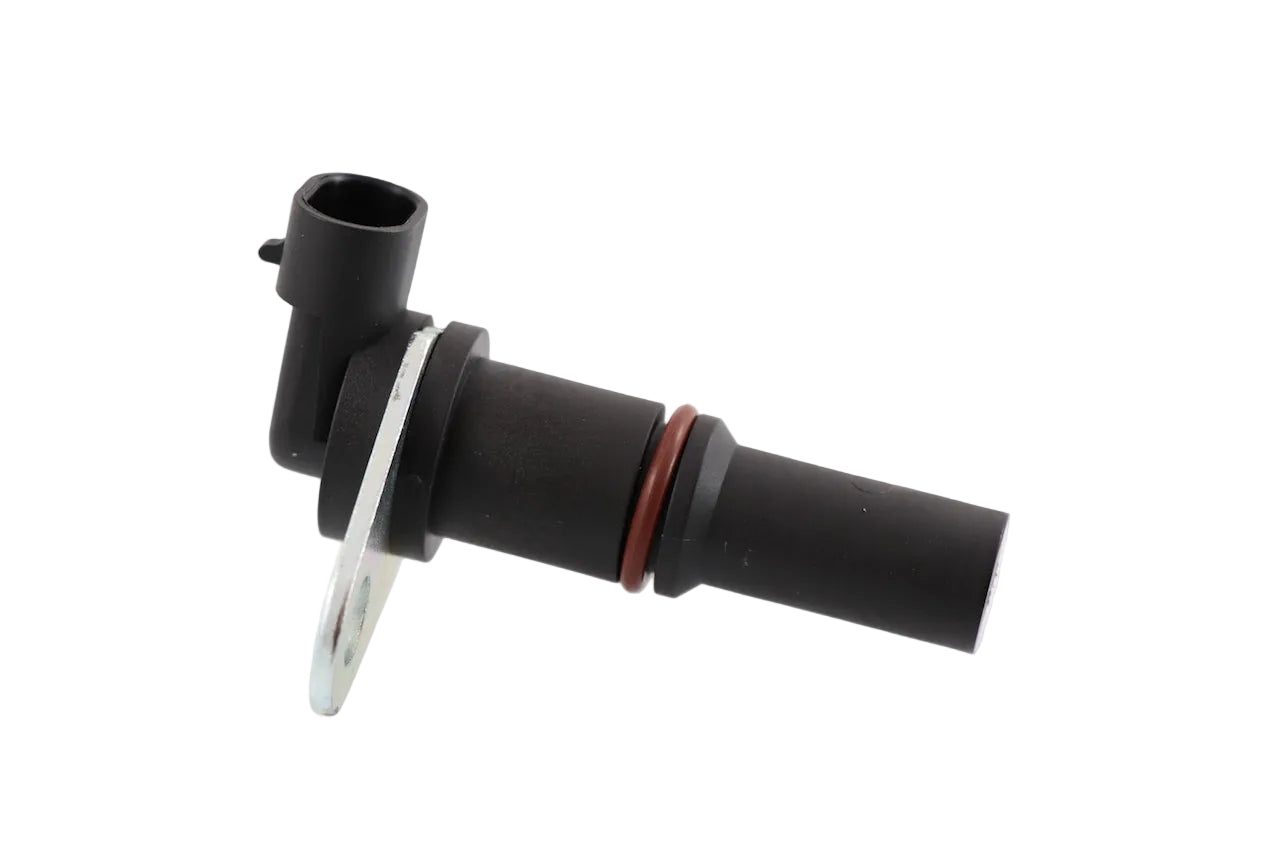 Advance Truck Parts USA 8929388 crankshaft position sensor for Detroit Diesel showing a horizontal profile of the black cylindrical body, silver mounting bracket, red O-ring, and top electrical connector on a plain white background