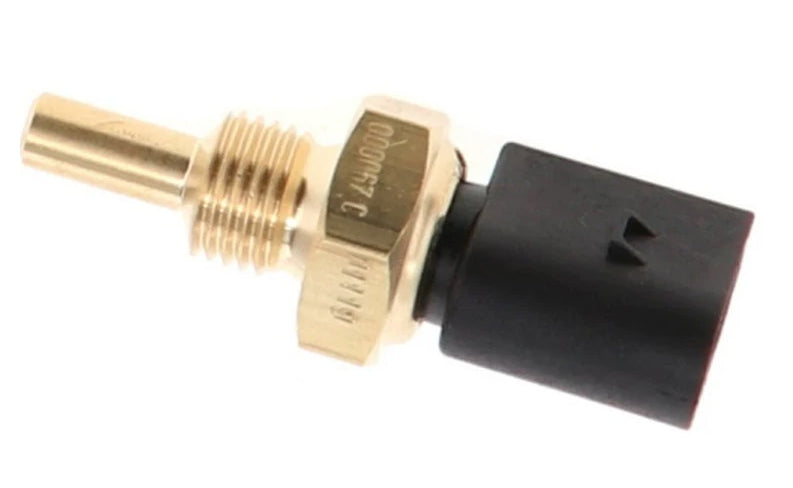 Advance Truck Parts USA A0041534228 oil and water temperature sensor for Detroit Diesel DD15 engines showing an angled profile of the threaded brass M14 x 1.5 body, hex mounting nut, and black 2-pin electrical connector on a plain white background