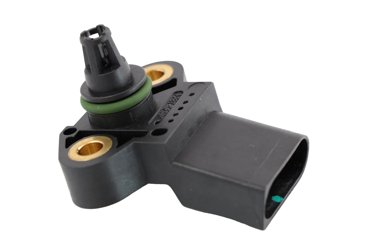 Advance Truck Parts USA A0041537028 0281002468 pressure sensor featuring a black plastic housing, green O-ring seal, and mounting bolt holes on a plain background