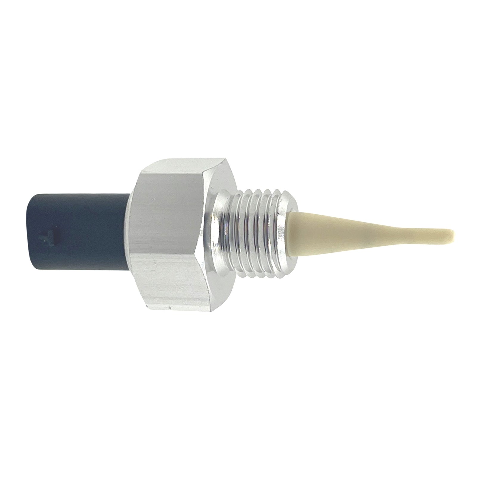 Advance Truck Parts USA A0081530128 temperature sensor for Detroit Diesel DD15 engines showing a horizontal profile of the metallic threaded body, hex tightening nut, and extended sensing probe on a plain white background
