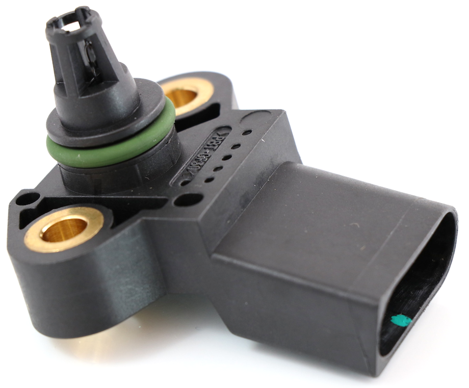 Advance Truck Parts USA A0101535428 turbocharger boost pressure sensor showing the top left side perspective with a green o-ring, connector housing, and brass mounting inserts on a plain background
