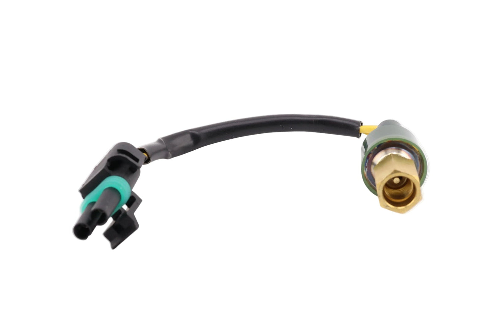 Advance Truck Parts USA A22-45194-001 high pressure A/C switch for Freightliner showing the brass female threaded fitting, green sensor body, black wire harness, and 2-pin connector on a plain white background