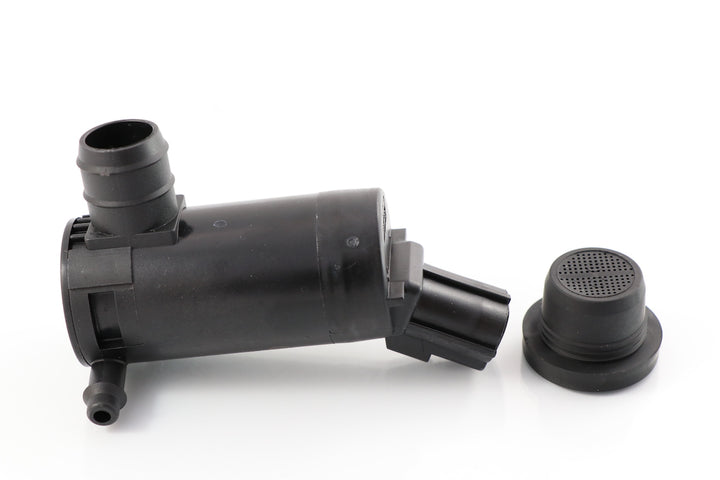 Advance Truck Parts USA A22-53729-000 windshield washer pump for Freightliner trucks showing an angled studio view of the black plastic pump body, fluid nozzles, 2-pin connector, and rubber screen grommet 