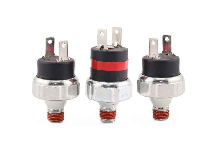 Advance Truck Parts USA air pressure switch kit for Freightliner featuring three threaded sensors with red sealant and 2-blade terminals on a plain background