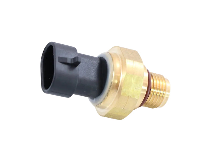 Advance Truck Parts USA 4921487 Cummins N14 oil pressure sensor featuring a brass threaded base with O-ring and a black connector housing on a plain background