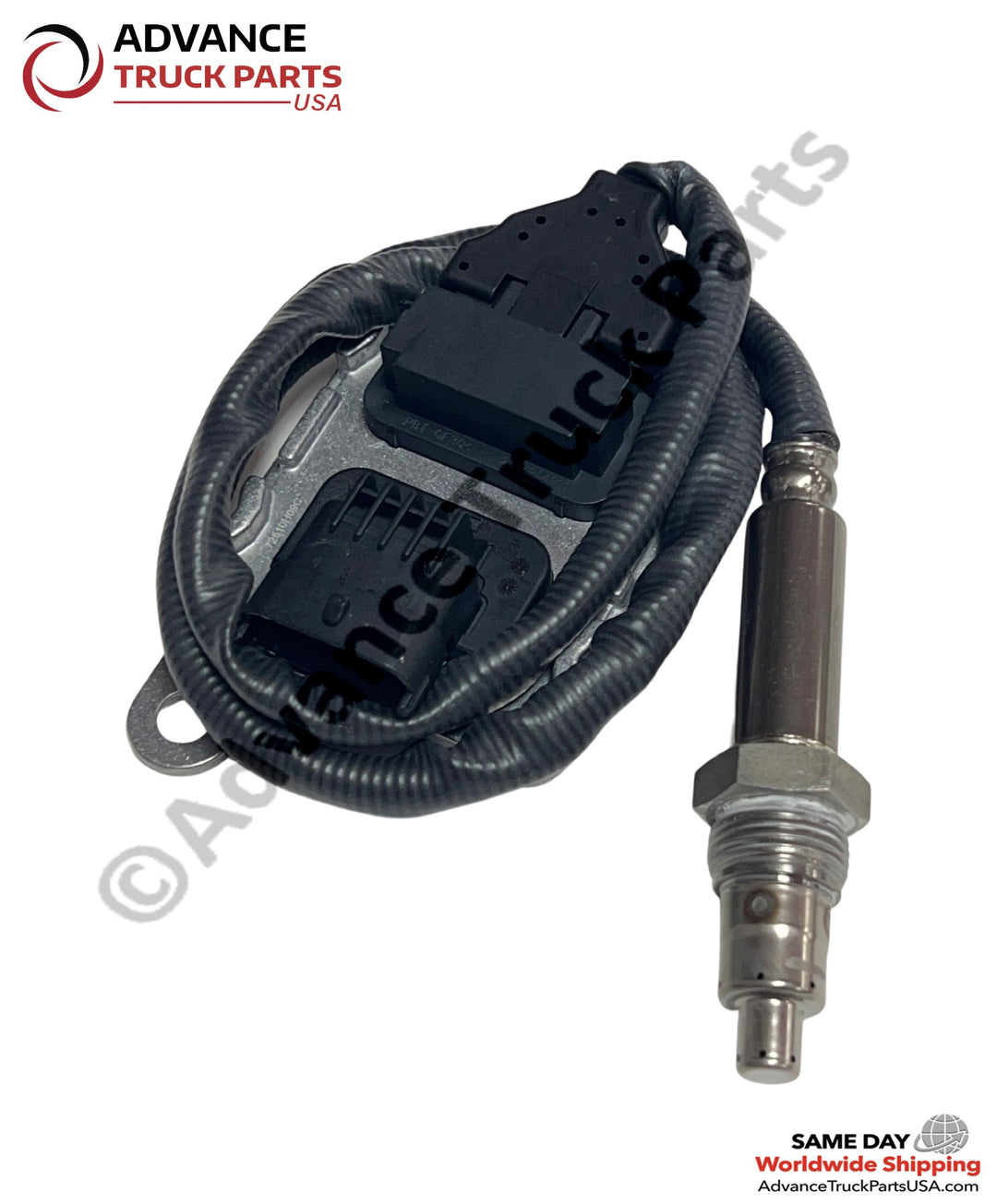 Advance Truck Parts USA branded studio view of the fully coiled outlet NOx sensor kit ready for shipping