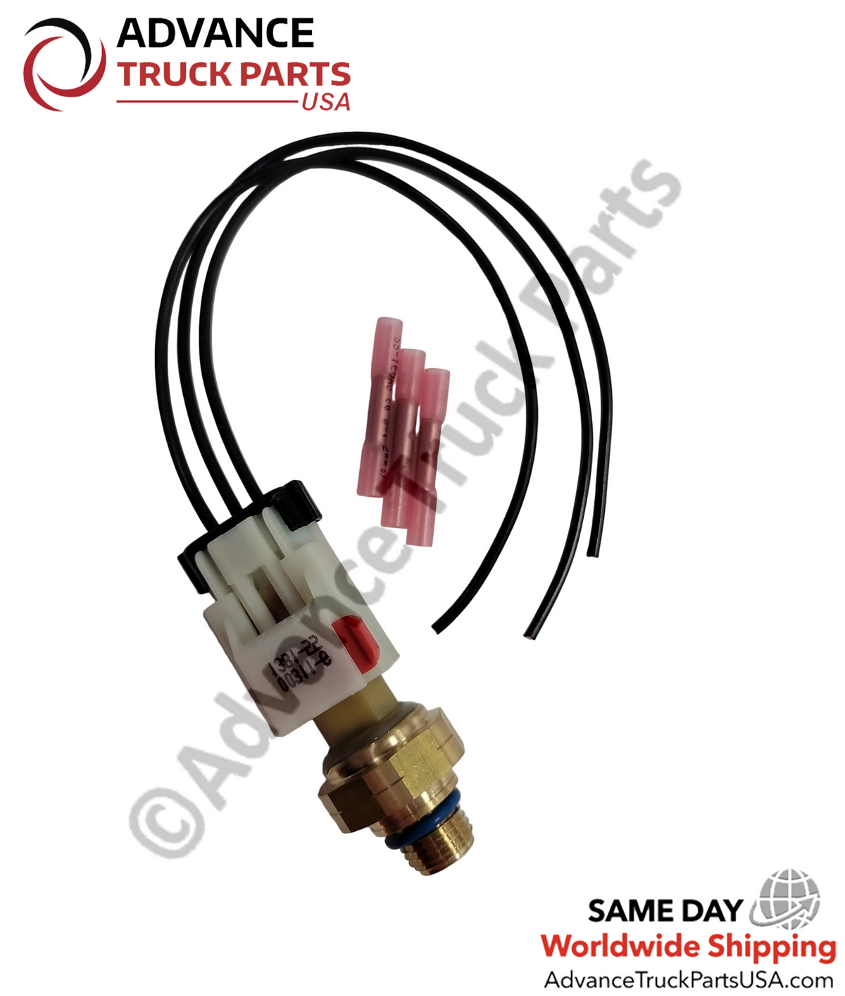 Advance Truck Parts Cummins pressure sensor kit featuring a brass threaded sensor, matching pigtail wiring harness, and heat shrink butt connectors