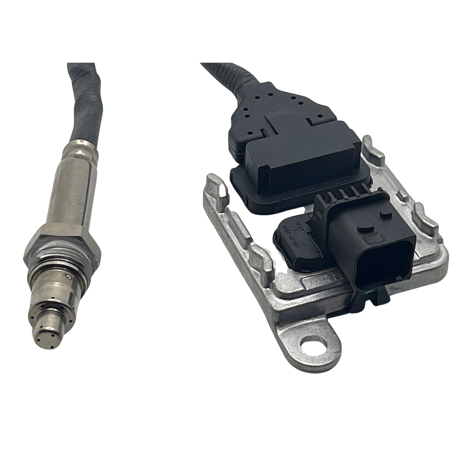 Advance Truck Parts USA DDE A0101531928 inlet nitrogen oxide sensor featuring a heavy-duty control module, wiring harness, and threaded inlet probe on a plain background