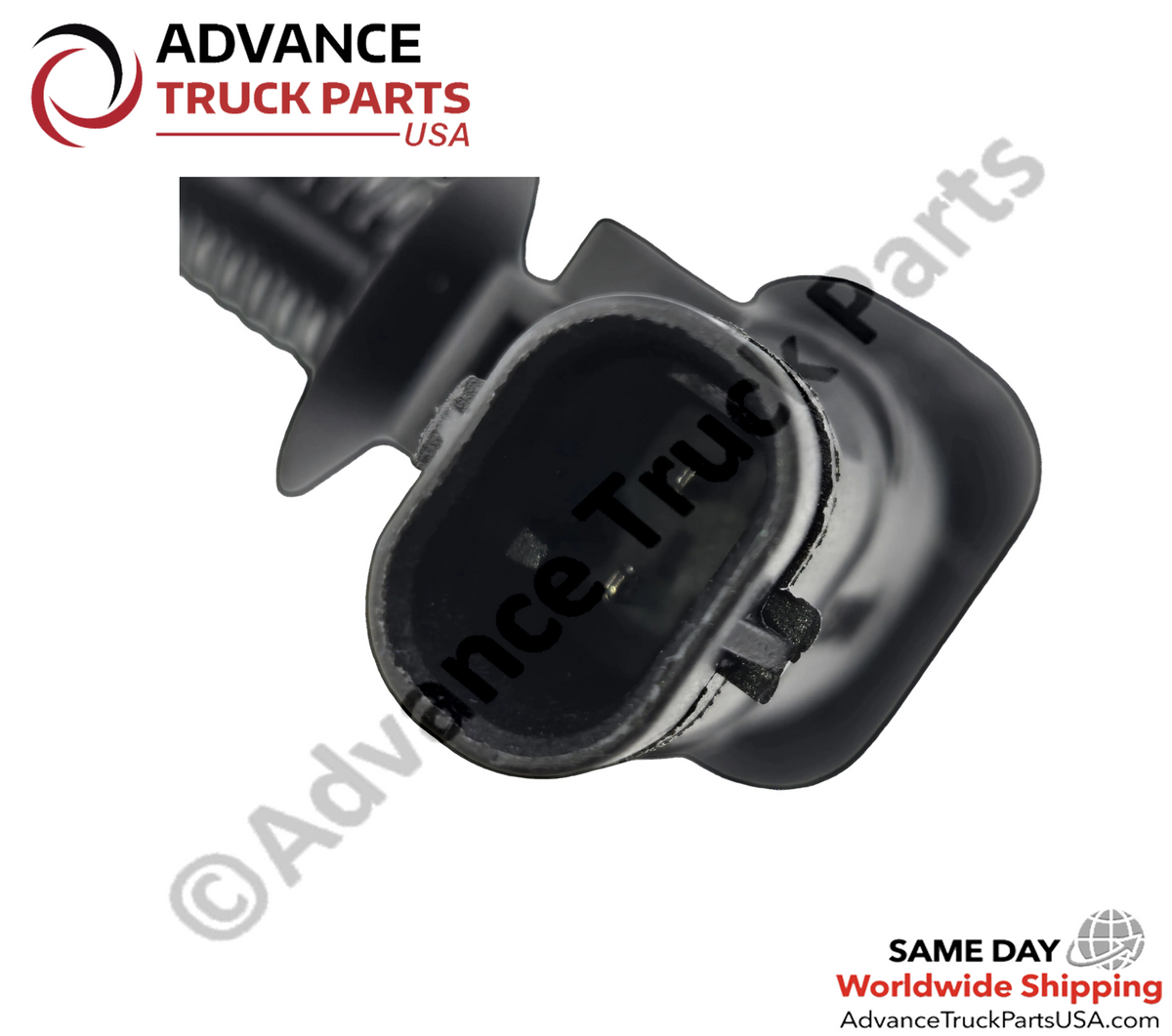 Advance Truck Parts USA close-up view highlighting the 2 electrical terminal pins inside the connector housing of the turbocharger speed sensor