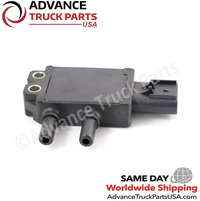 Advance Truck Parts USA branded studio angled perspective showcasing the dual ports and black housing of the Cummins exhaust gas differential pressure sensor