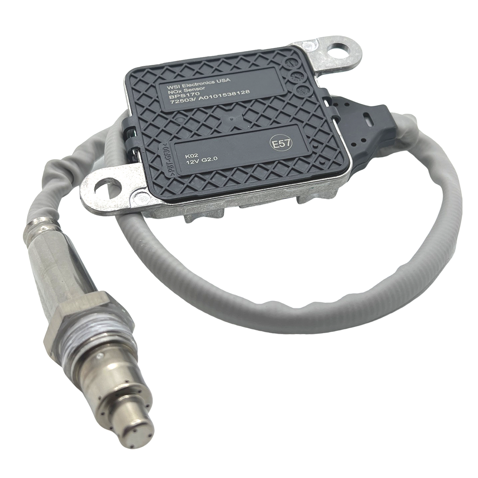 Advance Truck Parts USA DDE EA0101538128 outlet NOx sensor showing the labeled control module and threaded probe on a branded studio background