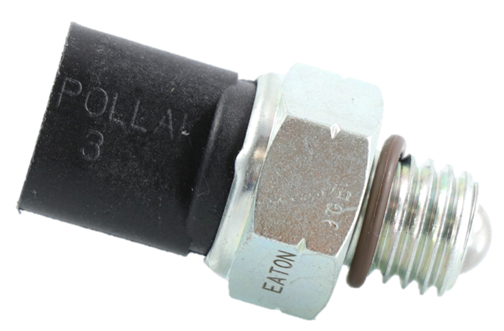 Advance Truck Parts USA Eaton Fuller 4302748 transmission reverse switch showing an angled horizontal profile of the black plastic connector housing, metal hex body with printed Eaton logo, brown O-ring, and ball actuator on a plain white background
