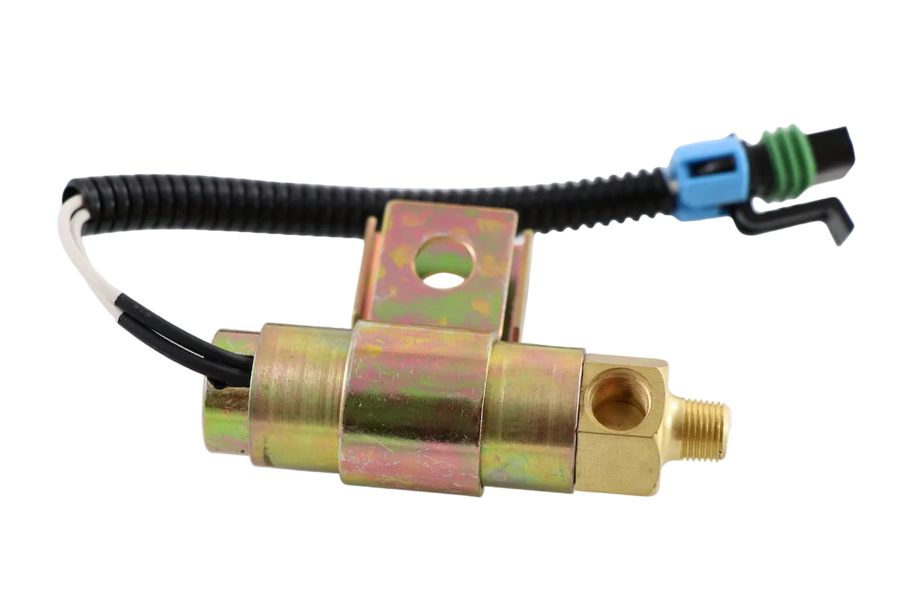 Advance Truck Parts USA A0626631000 Freightliner fan clutch solenoid valve featuring a mounting bracket, brass ports, and wire harness with connector on a branded studio background
