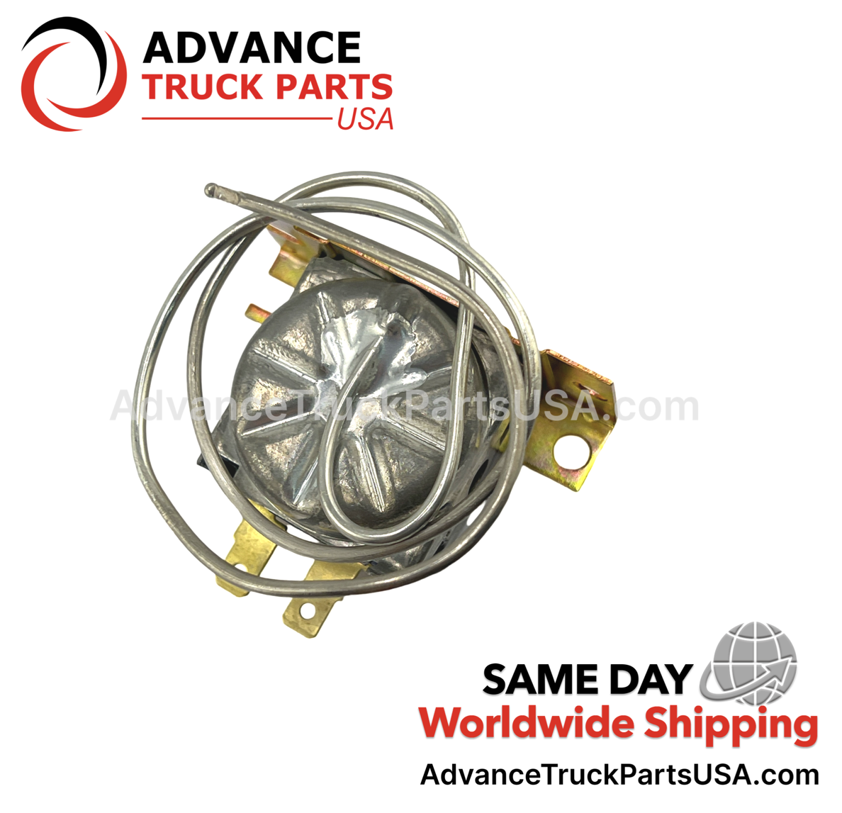 Advance Truck Parts USA Freightliner thermostat switch displaying a top-down view of the housing and coiled capillary tube 