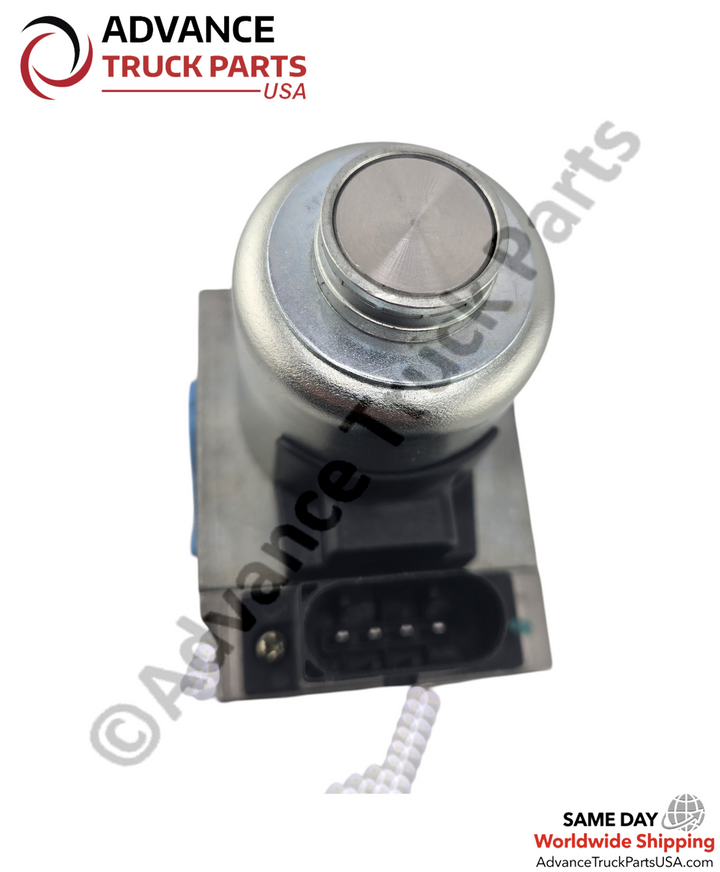 Advance Truck Parts USA Freightliner VPOD control valve displaying a top-down view of the silver solenoid cap and the black 4-pin electrical connector housing