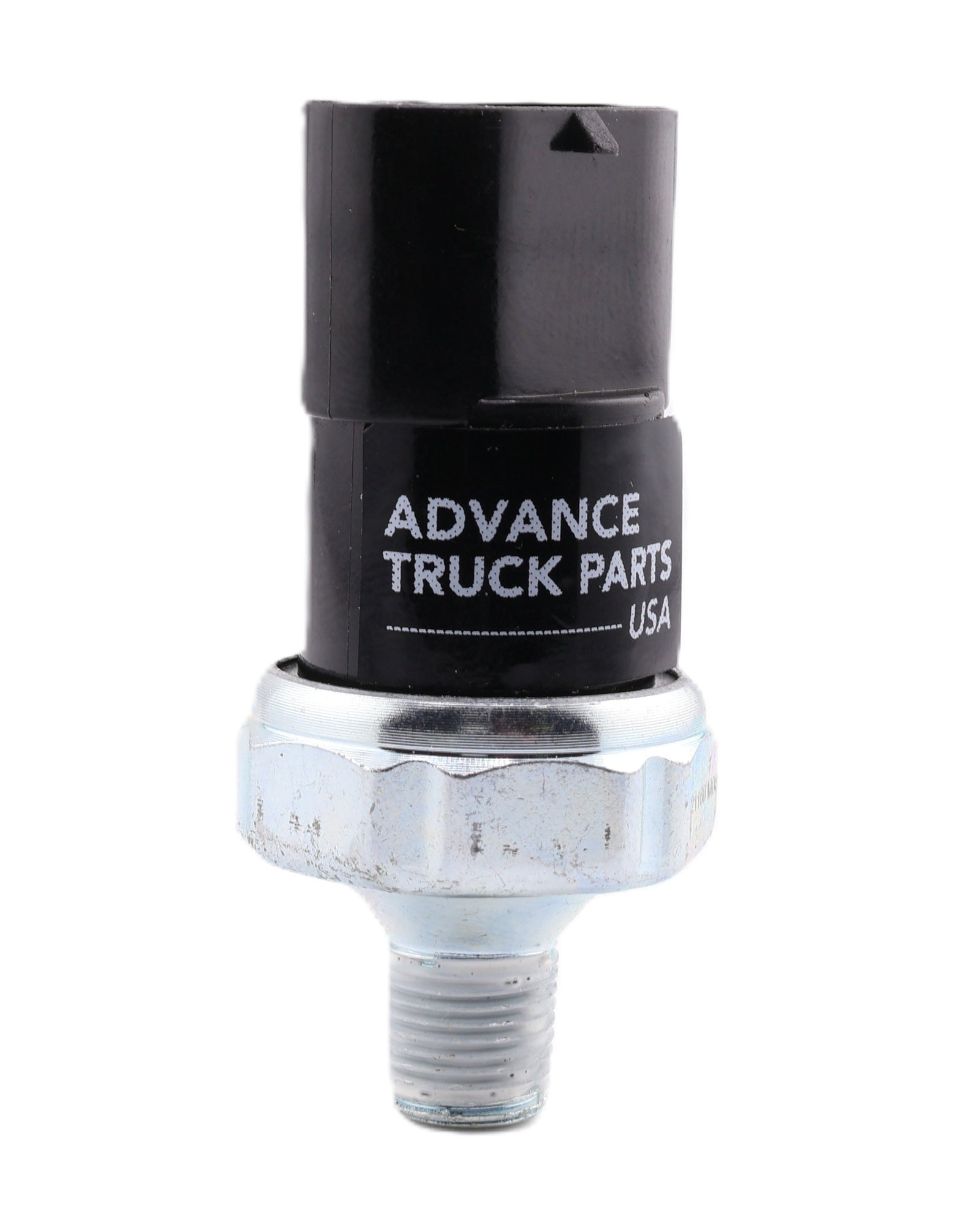 Advance Truck Parts USA FSC 2749-2108 FSC 1749-4162 air pressure switch showing an upright front perspective with a black housing and metal threaded base on a plain background