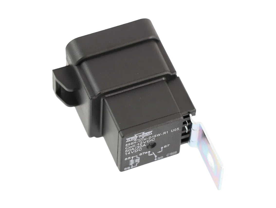 Advance Truck Parts USA Hella 12193611 blower relay featuring a black housing, wiring diagram imprint, and an attached metal mounting bracket on a branded studio background