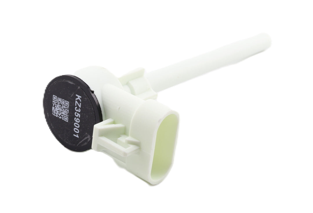 Advance Truck Parts USA KZ359001 coolant level sensor showing an angled perspective with a white plastic body, long probe, oval 3-pin connector, and black cap on a plain background