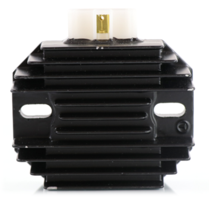 Advance Truck Parts USA M70121 12V voltage regulator rectifier showing a front profile of the black finned heatsink and top white 6-wire connector on a plain white background