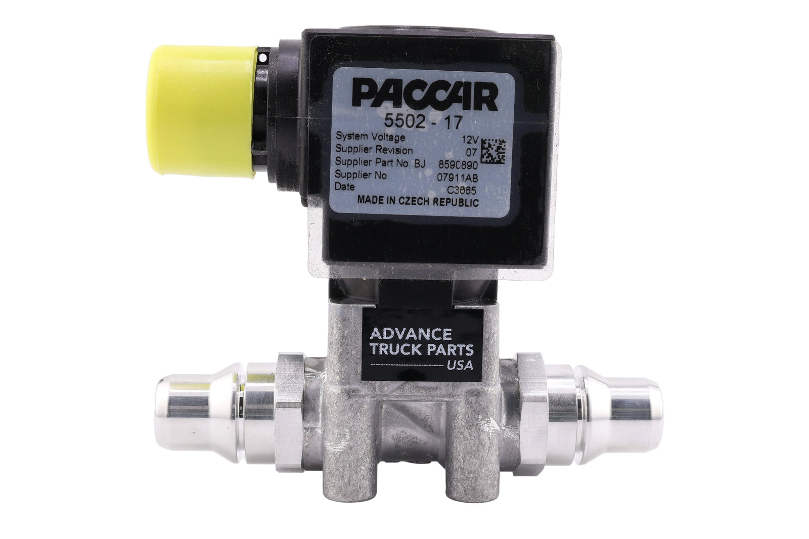 Advance Truck Parts USA Genuine Paccar 5502-17 DEF heater control coolant valve showing a horizontal profile of the black solenoid coil with printed OEM specifications, metallic fluid body, and yellow connector cap on a plain white background