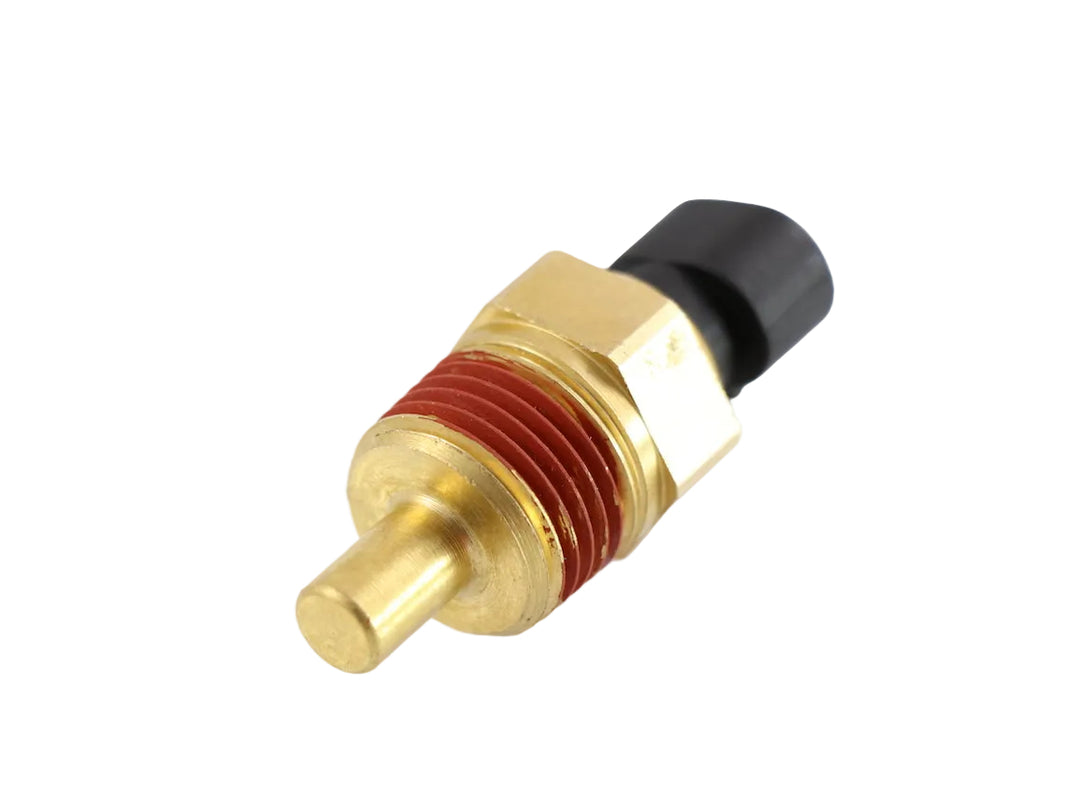 Advance Truck Parts USA Q21-1002 differential temperature sensor for Peterbilt and Kenworth showing an angled profile of the brass housing, red thread sealant, and black electrical connector on a plain white background