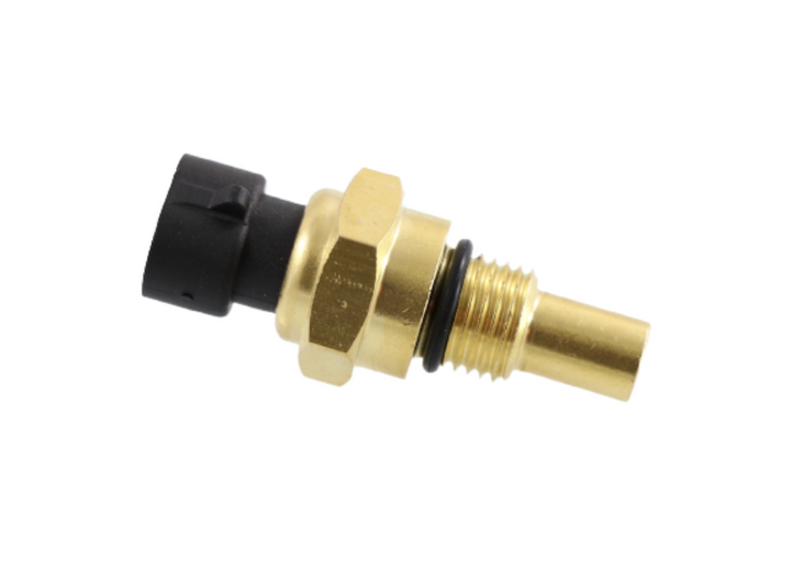 Advance Truck Parts USA Q21-1010 temperature sender sensor for Peterbilt and Kenworth showing an angled profile of the brass housing, threaded base with black O-ring, and black plug connector on a plain white background