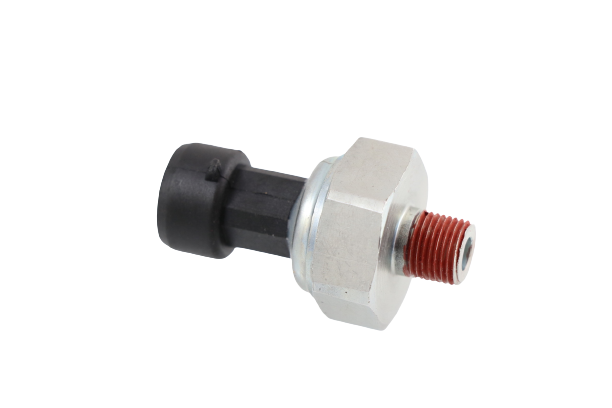 Advance Truck Parts USA Q21-1033 fuel pressure sensor for Kenworth showing an angled horizontal profile of the silver metallic hex body, 1/8 inch NPT threaded fitting with red sealant, and black 3-pin electrical connector on a plain white background