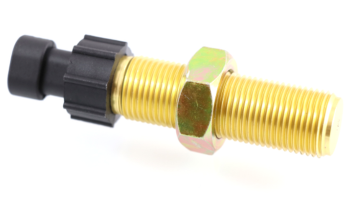 Advance Truck Parts USA Q21-6005 speedometer tachometer sensor showing a horizontal profile of the brass threaded body, securing hex nut, and black plastic 2-pin electrical connector on a plain white background