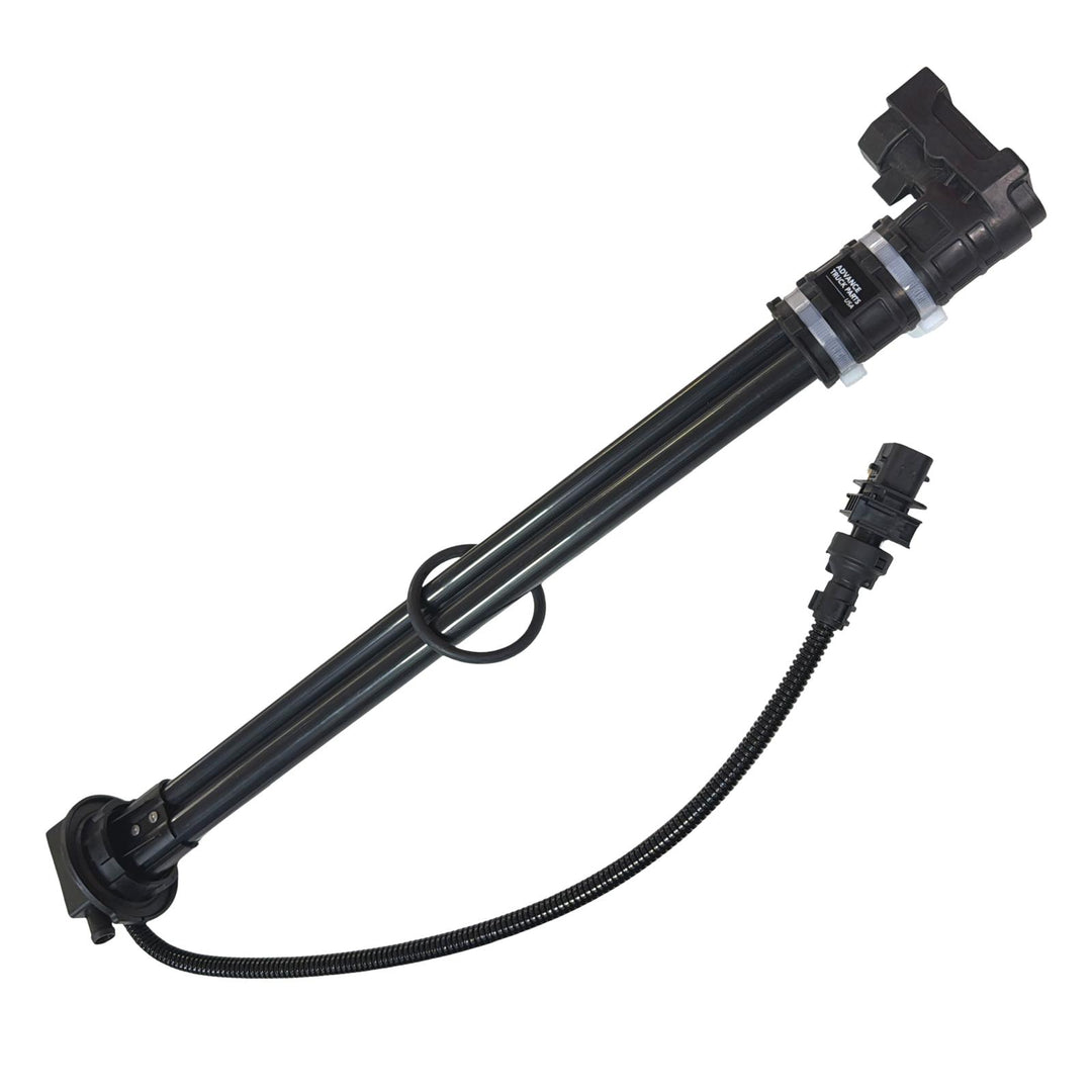 Advance Truck Parts USA Q21-6170-001K1T 22-inch DEF level and quality sensor showing a full diagonal perspective with mounting header, dual tubes, and wiring harness on a plain background