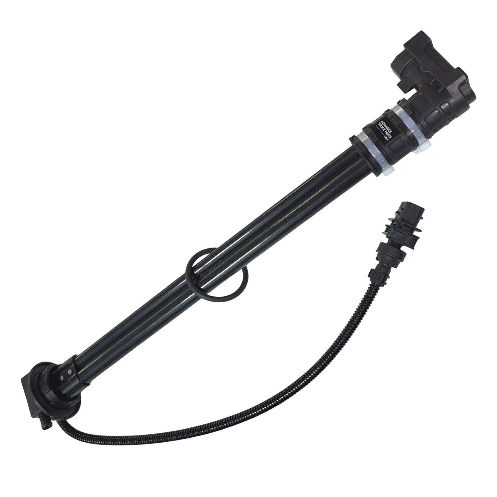 Advance Truck Parts USA Q21-6170-001K1T 22-inch DEF level and quality sensor showing a full diagonal perspective with mounting header, dual tubes, and wiring harness on a plain background
