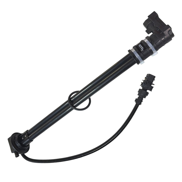 Advance Truck Parts USA Q21-6170-001K1T 22-inch DEF level and quality sensor showing a full diagonal perspective with mounting header, dual tubes, and wiring harness on a plain background