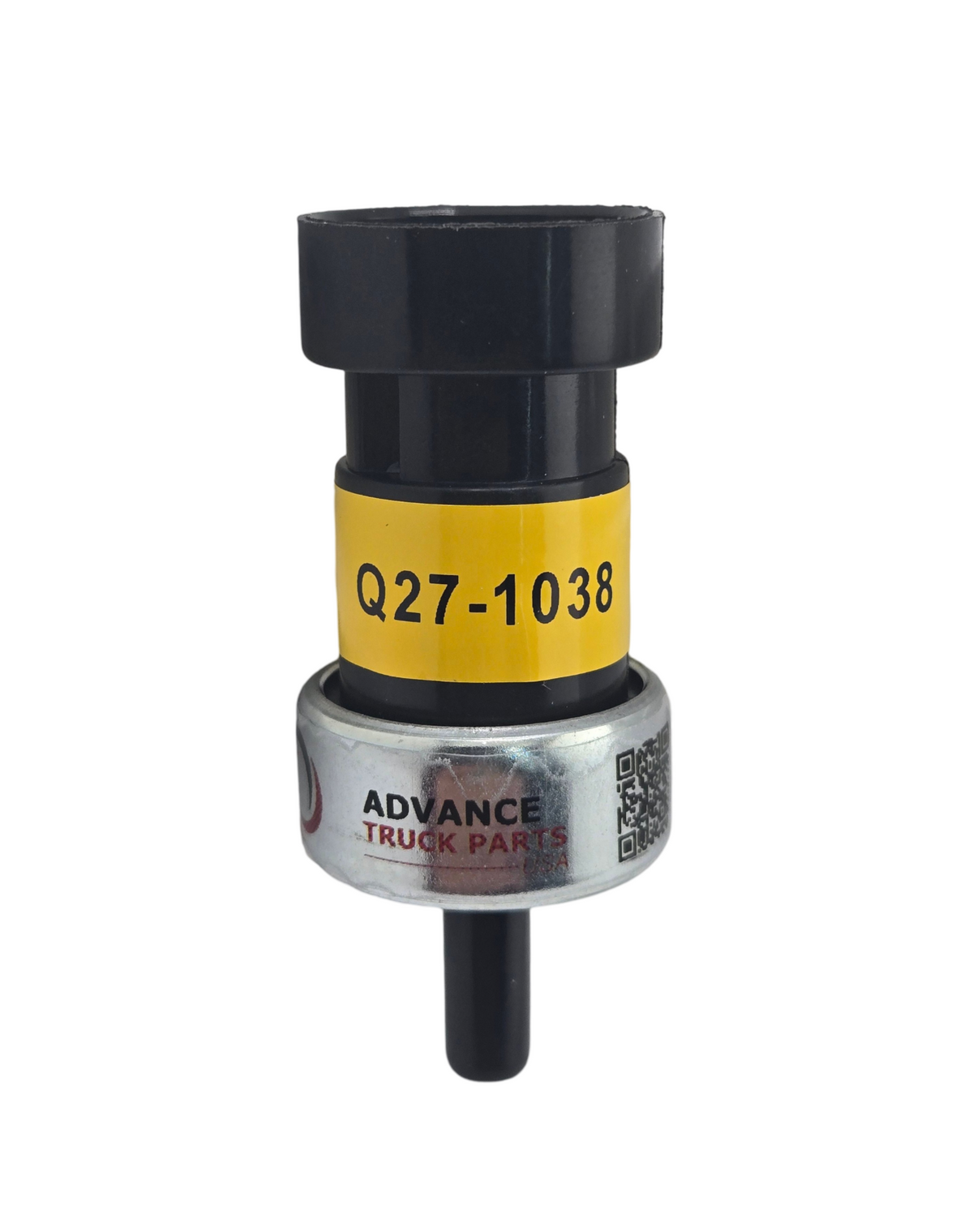 Advance Truck Parts USA Q27-1038 pressure switch for Paccar showing a vertical profile of the black electrical connector housing, yellow identification band with printed MPN, silver metallic body with ATP logo and QR code, and black pneumatic port