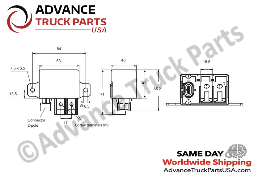 Advance Truck Parts USA branded engineering dimensional drawing illustrating the measurements of the power relay