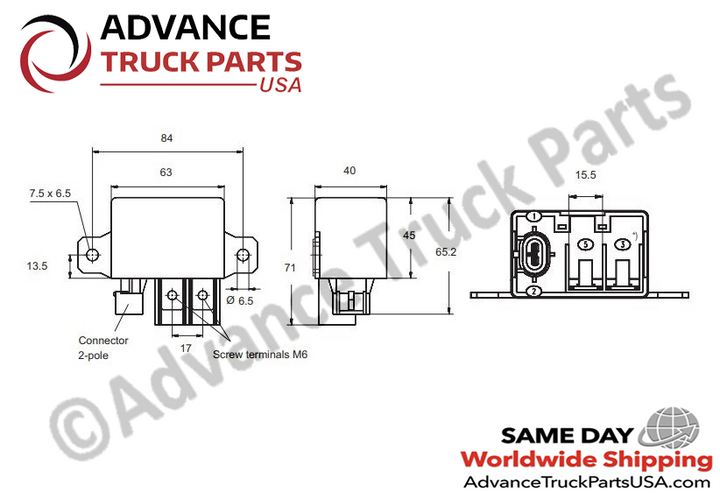 Advance Truck Parts USA branded engineering dimensional drawing illustrating the measurements of the power relay
