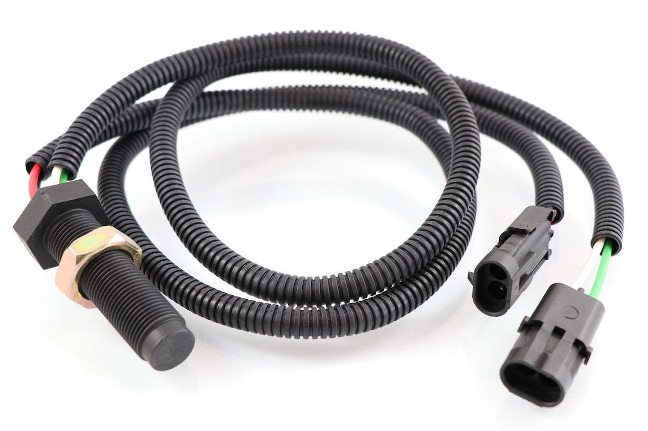 Advance Truck Parts USA SAA85920038 Freightliner speed sensor featuring a threaded body, protective loom, 4 wires, and 2 connectors on a plain background
