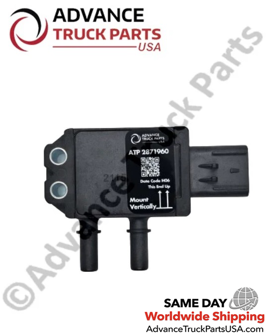 Advance Truck Parts USA branded studio view showing the top label, QR code, and mounting holes of the DPF pressure sensor