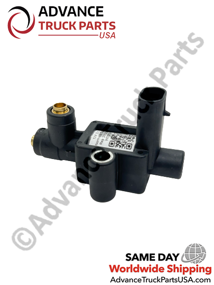Advance Truck Parts USA solenoid fan clutch 3-way valve replacing Volvo part featuring a black plastic housing and brass ports in a branded studio layout